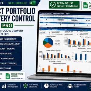 Puede incluir: Una pantalla de portátil que muestra el panel de control Project Portfolio & Delivery Control PRO con varios gráficos, tablas y métricas. La interfaz incluye secciones para el estado del proyecto, presupuesto frente a costes y tareas.