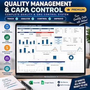 May include: A laptop screen displaying a Quality Management and CAPA Control dashboard with various data charts, tables, and metrics. The interface includes sections for issue status, risk distribution, and quality cost trends, with Excel 365 and Google Sheets icons.