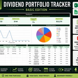 Peut inclure: Un tableau de bord numérique de suivi de portefeuille de dividendes avec un graphique linéaire des revenus, un graphique en secteurs des sources de dividendes et des tableaux pour les paiements et les payeurs. Compatible Excel et Google Sheets.