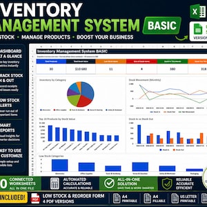 Op de afbeelding: Een voorraadbeheersysteem-spreadsheet voor Excel en Google Sheets met een dashboard met een cirkeldiagram, lijngrafiek en staafdiagrammen. De interface toont statistieken zoals totaal aantal producten en voorraadwaarde met tekstlabels.