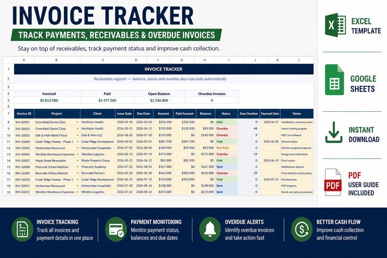 May include: An invoice tracker spreadsheet template featuring columns for invoice ID, project, client, dates, amounts, balance, status, and notes. The interface includes summary totals for invoiced, paid, open balance, and overdue invoices.