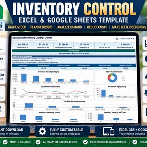 May include: A digital inventory control template for Excel and Google Sheets displayed on a laptop screen. The dashboard features data visualizations including bar charts, line graphs, and pie charts, alongside text labels for stock tracking.