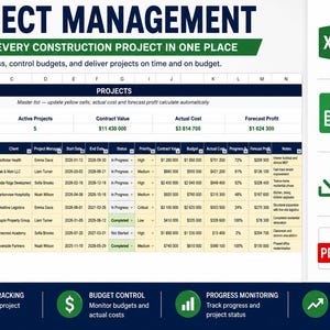 May include: A digital project management spreadsheet template featuring columns for project names, clients, contract values, actual costs, and forecast profits. The layout includes status indicators, progress percentages, and notes for construction projects.