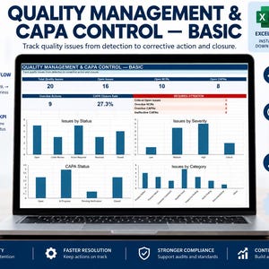 May include: A laptop screen displaying a Quality Management and CAPA Control dashboard with bar charts, numerical data, and status tables. The interface includes sections for issues by status, severity, and category, with text labels in English throughout.