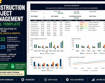 Construction Project Management Spreadsheet | Contractor Job Costing, Budget Tracker & Dashboard | Excel   Google Sheets