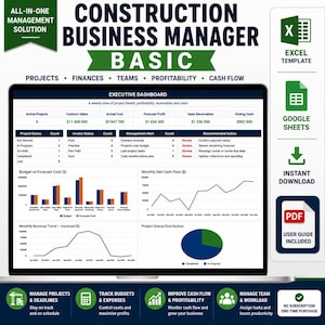 May include: A digital construction business management dashboard template for Excel and Google Sheets. The interface displays project health, finances, and cash flow with bar charts, line graphs, and a pie chart. Includes a PDF user guide.