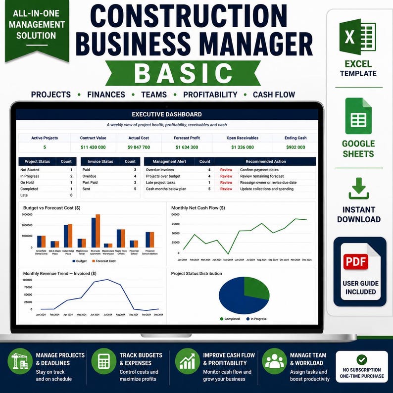May include: A digital construction business management dashboard template for Excel and Google Sheets. The interface displays project health, finances, and cash flow with bar charts, line graphs, and a pie chart. Includes a PDF user guide.