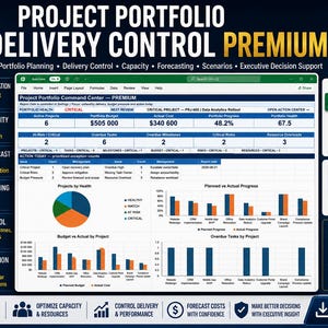 May include: A digital project portfolio management dashboard titled Project Portfolio Command Center PREMIUM, featuring data tables, a pie chart, and bar graphs for tracking project health, budget, and tasks in Microsoft Excel and Google Sheets.