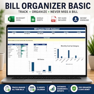 Peut inclure: Un écran d'ordinateur portable affichant un tableau de bord Bill Organizer BASIC avec des tableaux de suivi financier, des graphiques à barres pour les coûts mensuels par catégorie et le statut des factures, incluant des totaux et pourcentages.