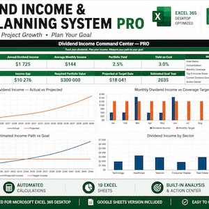 May include: A digital Dividend Income & FIRE Planning System Pro dashboard featuring financial data tables, line graphs, and bar charts. The interface displays portfolio value, annual dividend income, and income insights with automated calculations for Excel 365.