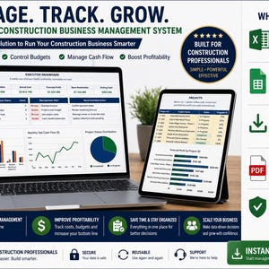 May include: A laptop and tablet displaying a construction business management system with charts, project lists, and financial data. The screen text includes MANAGE. TRACK. GROW. and WHAT YOU GET, listing Microsoft Excel, Google Sheets, and PDF user guide.