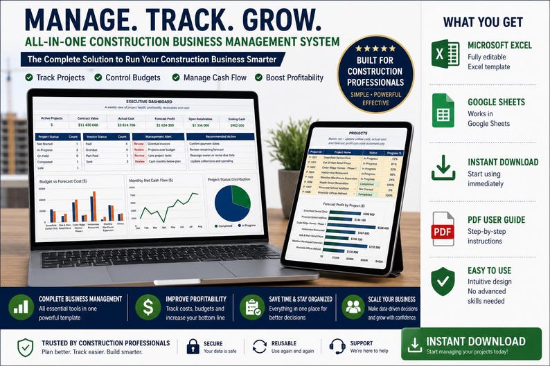 May include: A laptop and tablet displaying a construction business management system with charts, project lists, and financial data. The screen text includes MANAGE. TRACK. GROW. and WHAT YOU GET, listing Microsoft Excel, Google Sheets, and PDF user guide.
