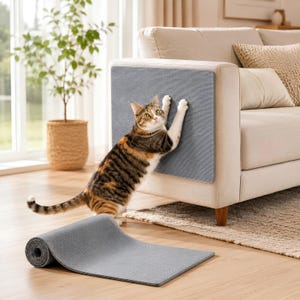 May include: A grey rectangular cat scratching mat attached to the side of a beige sofa, with a calico cat scratching the surface. A second, identical grey mat is shown rolled up on the floor in the foreground, displaying its textured material.