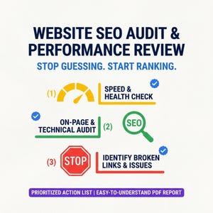 May include: A graphic titled WEBSITE SEO AUDIT & PERFORMANCE REVIEW with the text STOP GUESSING. START RANKING. It features three numbered sections: (1) a yellow speedometer, (2) a green magnifying glass with SEO, and (3) a red stop sign icon.