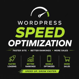 Może przedstawiać: Czarny projekt graficzny z białą ikoną prędkościomierza nad tekstem WORDPRESS SPEED OPTIMIZATION w kolorze białym i limonkowym. Poniżej znajdują się frazy FASTER SITE, BETTER RANKINGS, MORE SALES oraz SPEED UP. GROW FASTER.