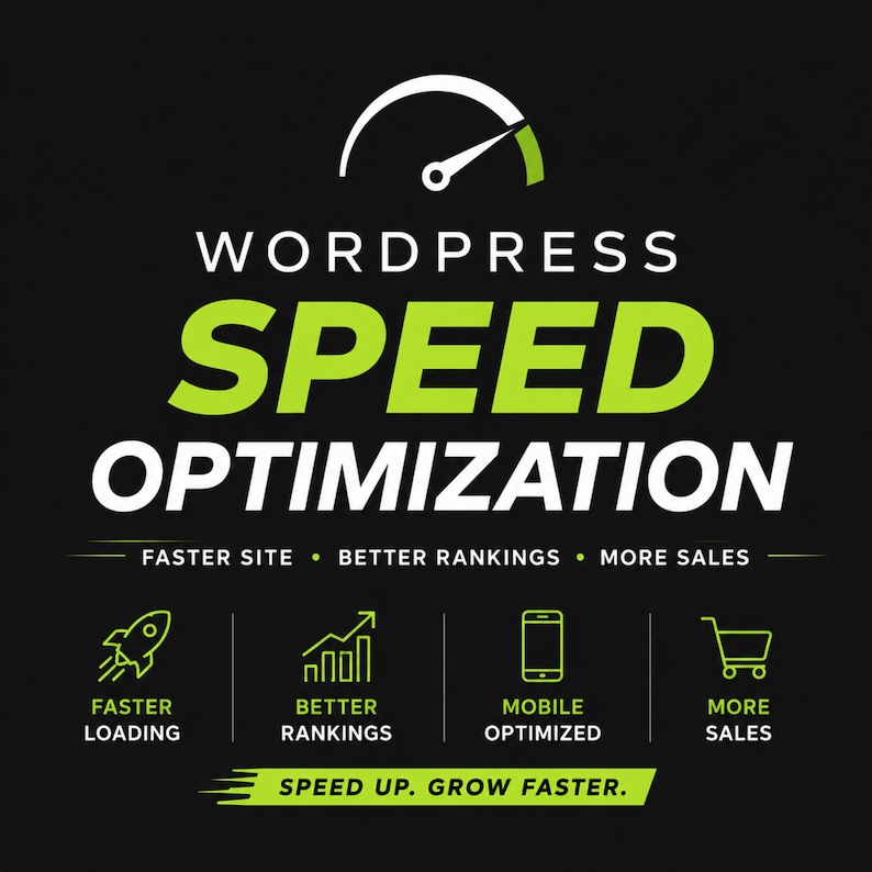 Op de afbeelding: Een zwart grafisch ontwerp met een wit snelheidsmeter-icoon boven de tekst WORDPRESS SPEED OPTIMIZATION in wit en limoengroen. Daaronder staan de zinnen FASTER SITE, BETTER RANKINGS, MORE SALES en SPEED UP. GROW FASTER.