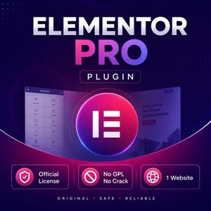 Könnte beinhalten: Eine digitale Grafik für das Elementor Pro Plugin mit einem dunkelvioletten Farbverlaufshintergrund. Der Text lautet Elementor Pro Plugin, Original, Safe, Reliable, Official License, No GPL No Crack und 1 Website mit einem weißen Logo.