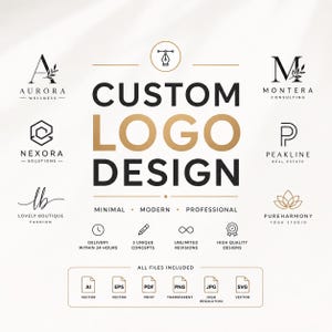 以下が含まれることがあります： 黒と金のテキスト「CUSTOM LOGO DESIGN」を特徴とするカスタムロゴデザインサービスのグラフィックディスプレイ。Aurora WellnessやMontera Consultingなどのブランドのサンプルロゴに加え、配送、修正、AI、EPS、PDF、PNG、JPG、SVGなどのファイル形式のアイコンが含まれています。