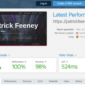 Op de afbeelding: Een digitaal prestatierapport voor de website https://patrickfeeney.ie/ met een screenshot van de homepage van zanger Patrick Feeney, een GTmetrix-cijfer A, 100% prestatie, 98% structuur en web vitals van 524ms LCP en 0ms TBT.