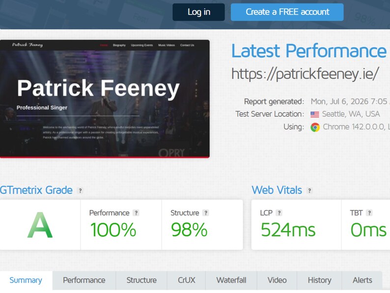 Op de afbeelding: Een digitaal prestatierapport voor de website https://patrickfeeney.ie/ met een screenshot van de homepage van zanger Patrick Feeney, een GTmetrix-cijfer A, 100% prestatie, 98% structuur en web vitals van 524ms LCP en 0ms TBT.