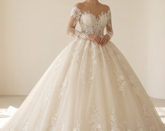 Custom Illusion Neck Wedding Dress Long Sleeve Ball Gown Lace Beaded Bridal Gown Elegant Church Bride Dress