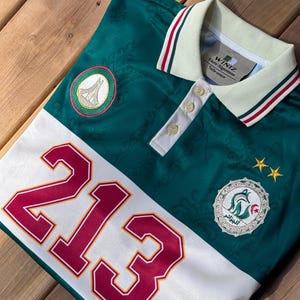 Può includere: Una polo verde e bianca con il numero 213 in grandi cifre rosse con bordi bianchi. La maglia presenta un colletto color crema con strisce rosse e verdi, un emblema circolare con un monumento e uno stemma con due stelle gialle.