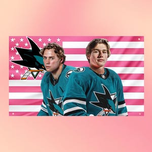 Könnte beinhalten: Ein rechteckiges Wandbanner mit zwei Eishockeyspielern in türkisfarbenen Trikots mit dem Logo der San Jose Sharks. Der Hintergrund zeigt ein stilisiertes amerikanisches Flaggendesign mit weißen Sternen auf rosa Feld und rosa-weißen Querstreifen.