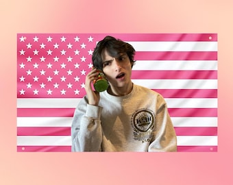 Roze wandtapijt met de Amerikaanse vlag van Finn Wolfhard | Vlag met acteur Finn Wolfhard | Sfeervolle decoratie voor je studentenkamer | Cadeau voor celebrityfans