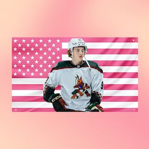 Logan Cooley Pink USA Flag Wall Tapestry, Hockey Wall Flag, Sports Bedroom Decor, Pink American Flag, Hockey Fan Gift