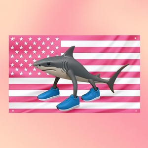 May include: A grey shark figure with three legs wearing bright blue trainers, positioned in front of a rectangular flag featuring a pattern of white stars on a pink field and horizontal pink and white stripes with metal grommets in the corners.