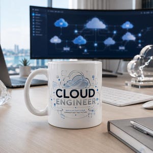 May include: A white ceramic mug featuring a blue and grey graphic of a cloud icon with the text CLOUD ENGINEER and the smaller text BUILDING THE CLOUD CONNECTING THE FUTURE printed on the front, with a handle on the left side of the mug.