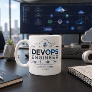 May include: A white ceramic mug featuring a blue and black graphic design with the text DEVOPS ENGINEER, a cloud icon, and the phrase AUTOMATING SYSTEMS DELIVERING RELIABILITY, surrounded by various technical symbols and a circular process flow.