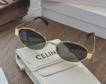 Nuevas gafas de sol ovaladas para mujer Metal Triomphe Celine CL40235U con lentes doradas y verdes.