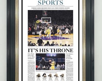 Portada de periódico de LeBron James como el rey de la anotación / Arte mural histórico del baloncesto / Impresión digital / Descarga digital de historia del deporte