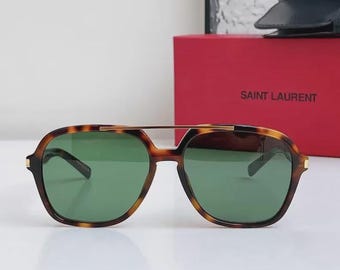 Gafas de sol Saint Laurent SL 545 de carey con lentes verdes, estilo aviador, 145 mm