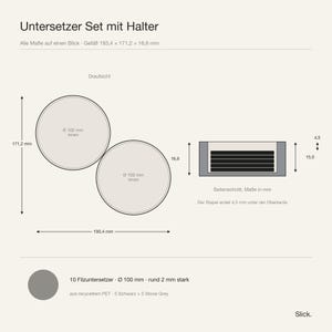 Maßblatt des Untersetzergefäßes: Draufsicht mit zwei Kammern und Seitenschnitt mit versenktem Stapel, alle Maße in Millimetern