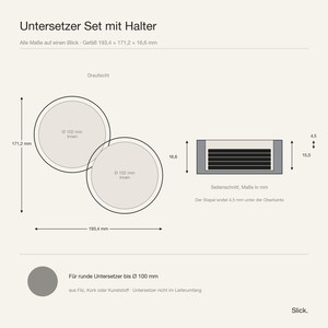 Maßblatt des Untersetzergefäßes: Draufsicht mit zwei Kammern und Seitenschnitt mit versenktem Stapel, alle Maße in Millimetern
