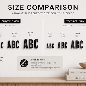 Puede incluir: Una tabla de comparaci&oacute;n de tama&ntilde;os para letras negras con dos acabados: liso y texturizado. La tabla muestra alturas de 5 cm a 20 cm. El texto incluye SIZE COMPARISON, SMOOTH FINISH, TEXTURED FINISH y GOOD TO KNOW.