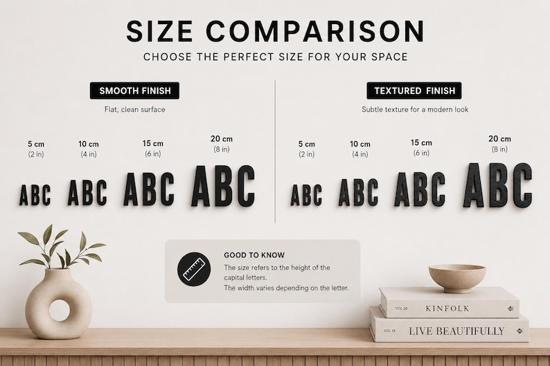 Puede incluir: Una tabla de comparaci&oacute;n de tama&ntilde;os para letras negras con dos acabados: liso y texturizado. La tabla muestra alturas de 5 cm a 20 cm. El texto incluye SIZE COMPARISON, SMOOTH FINISH, TEXTURED FINISH y GOOD TO KNOW.