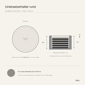 Maßblatt des runden Untersetzerhalters: Draufsicht und Seitenschnitt mit allen Maßen in Millimetern