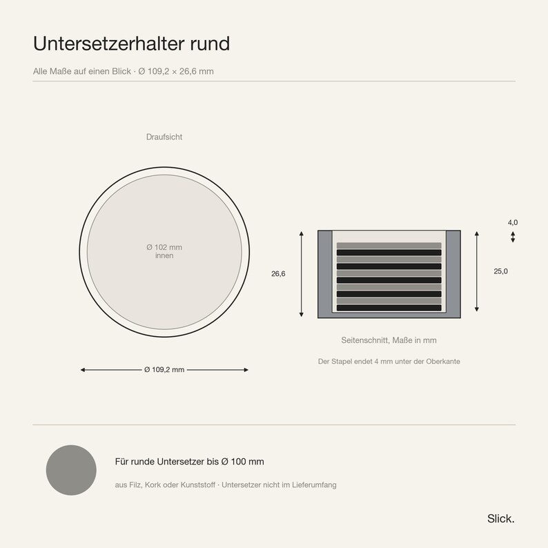Maßblatt des runden Untersetzerhalters: Draufsicht und Seitenschnitt mit allen Maßen in Millimetern