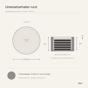 Maßblatt des runden Untersetzerhalters: Draufsicht und Seitenschnitt mit allen Maßen in Millimetern