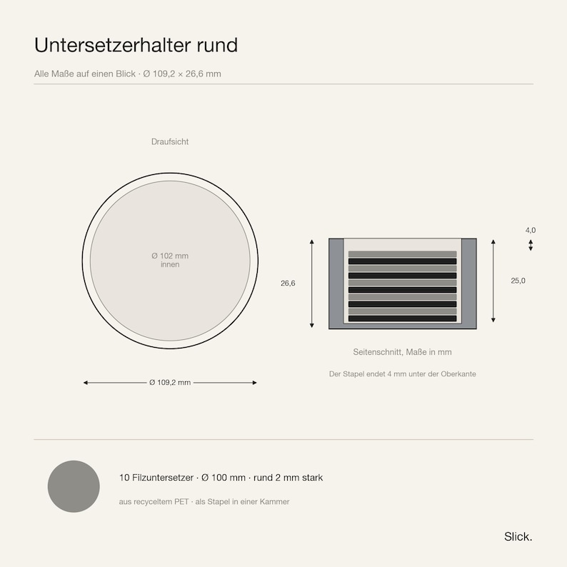 Maßblatt des runden Untersetzerhalters: Draufsicht und Seitenschnitt mit allen Maßen in Millimetern
