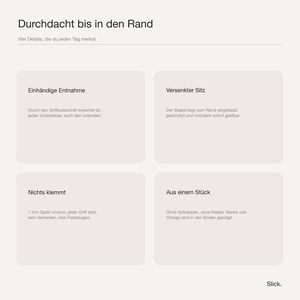 Vier Produktdetails: einhändige Entnahme, versenkter Sitz, ein Millimeter Spiel, aus einem Stück gefertigt