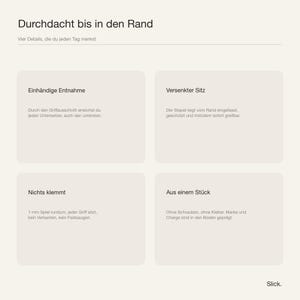 Vier Produktdetails: einhändige Entnahme, versenkter Sitz, ein Millimeter Spiel, aus einem Stück gefertigt