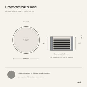 Maßblatt des runden Untersetzerhalters: Draufsicht und Seitenschnitt mit allen Maßen in Millimetern