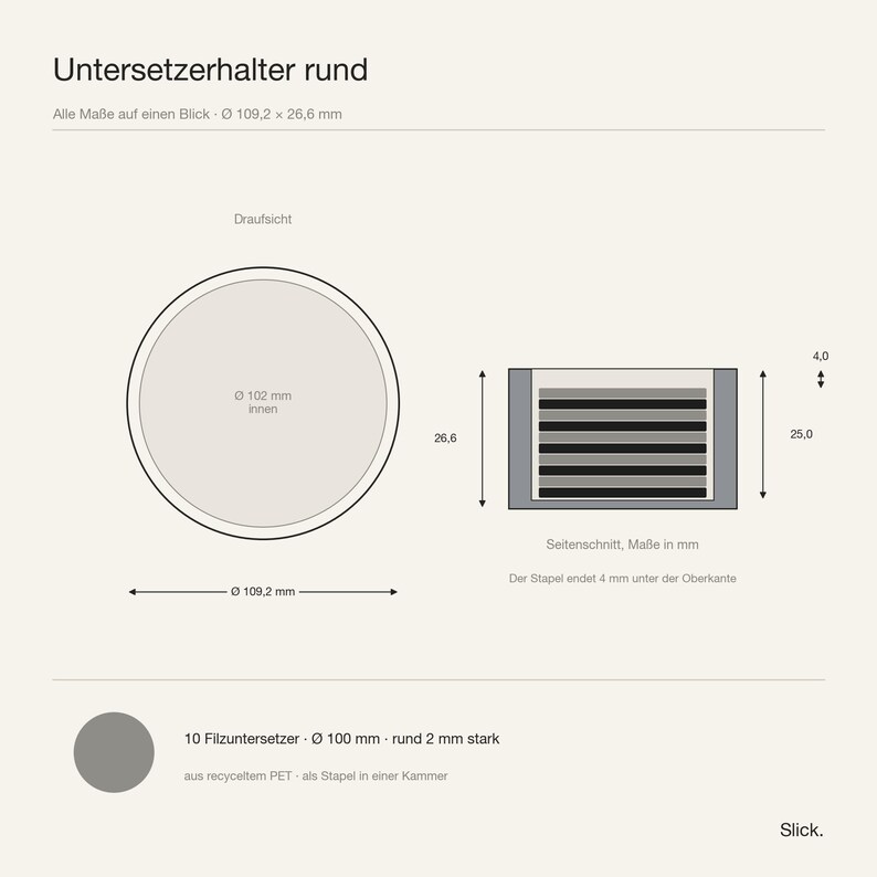 Maßblatt des runden Untersetzerhalters: Draufsicht und Seitenschnitt mit allen Maßen in Millimetern