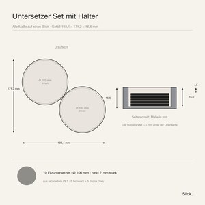 Maßblatt des Untersetzergefäßes: Draufsicht mit zwei Kammern und Seitenschnitt mit versenktem Stapel, alle Maße in Millimetern