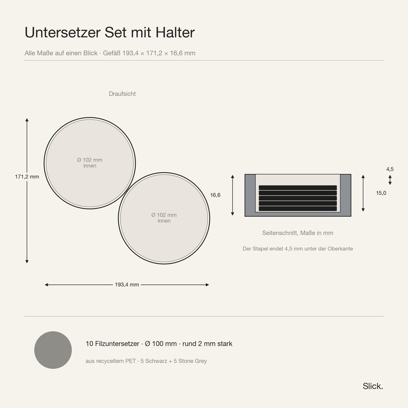 Maßblatt des Untersetzergefäßes: Draufsicht mit zwei Kammern und Seitenschnitt mit versenktem Stapel, alle Maße in Millimetern