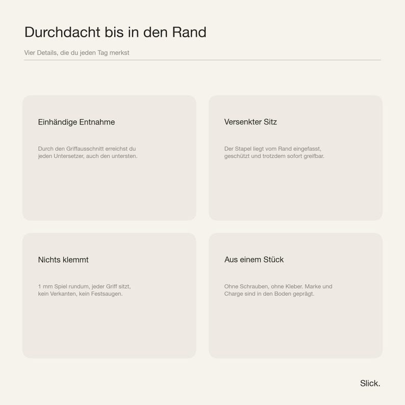 Vier Produktdetails: einhändige Entnahme, versenkter Sitz, ein Millimeter Spiel, aus einem Stück gefertigt